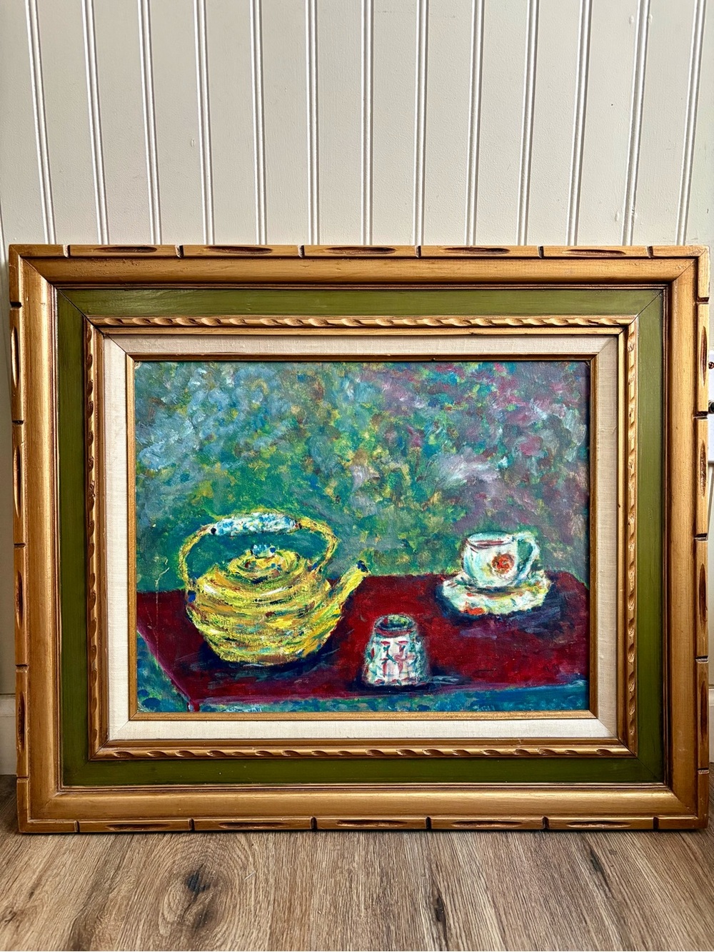 Vintage Teapot Still Life Abstract Oil Painting Framed Green & Gold Impasto VTG - Picture 2 of 14